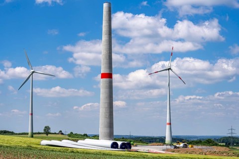 Wind farm near Brilon-Radlinghausen, new wind turbine being built, tower elements and rotors ready