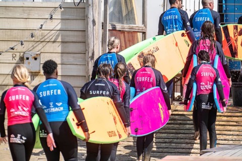 Course for surfers, surfing beginners, on the beach of Scheveningen, Netherlands