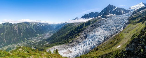 Panorama, mountain landscape with glacier Glacier des Bossons and summit of the Aiguille du Midi,