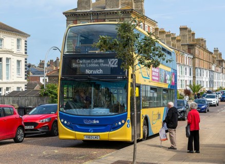 CoastLink double decker bus route X22 service to Norwich, Lowestoft, Suffolk, England, UK