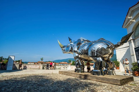 King Kong Rhino, steel sculpture, Palazzo Sturm, Bassano del Grappa, Veneto, Italy, Europe