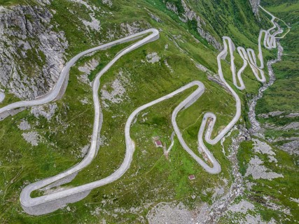 La Tremola, world-famous serpentine road through the Val Tremolo, road construction monument,