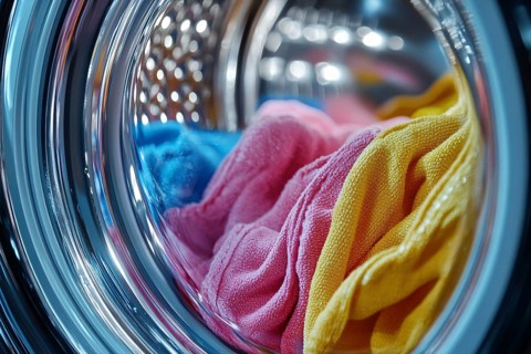 Close up of colorful clothes in washing machine. Generative Ai, AI generated