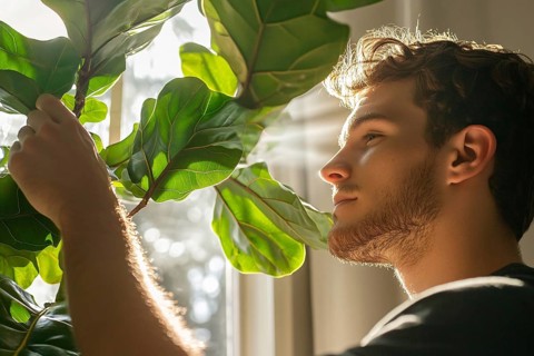 Young man taking care of Ficus houseplant. Generative AI, AI generated