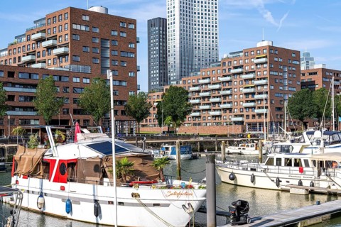 Rotterdam Marina, behind residential high-rise buildings at Spoorweghaven, pleasure craft harbour,