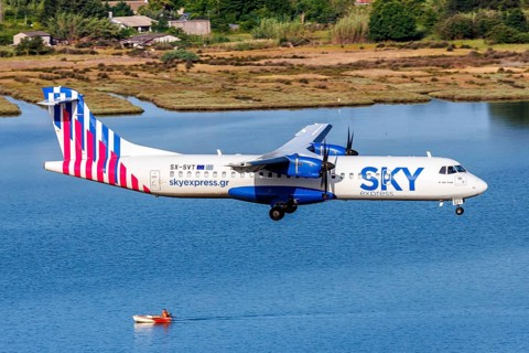 An ATR 72-600 Sky Express aircraft with the registration SX-SVT at Corfu Airport, Greece, Europe