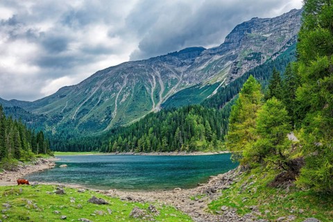 Obernberger See, mountain lake, landscape of the Stubai Alps, weather mood, cloud mood, Obernberg