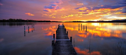 Panorama, jetty on Lake Chiemsee at sunrise, Prien am Chiemsee, Bavaria, Germany, Europe