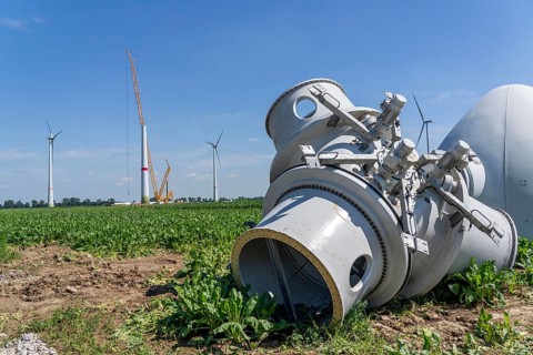 Repowering, dismantled Enercon E-58 wind turbine in a wind farm near Issum, 9 older wind turbines