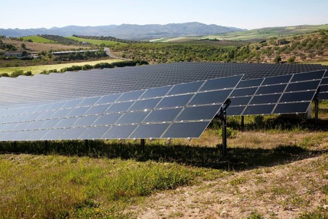 Array of photovoltaic solar panels in Mediterranean sunshine, near Alhama de Granada, Spain, Europe