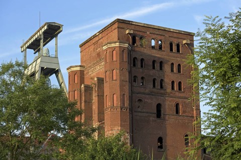 Malakow tower and winding tower, disused Ewald colliery, Herten, Ruhr area, North Rhine-Westphalia,