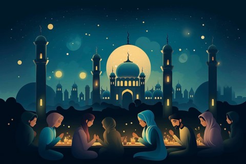 Essence of Ramadan, featuring people gathered and eating near a mosque under a starry night sky,