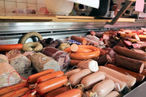 Sausage counter in a butcher's shop