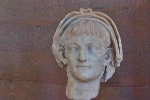 Portrait of the Roman Emperor Nero, detailed bust from antiquity with head wreath, made of