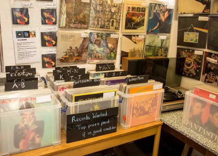 Old vinyl LP records on sale, Marlesford Mill, Suffolk, England, UK