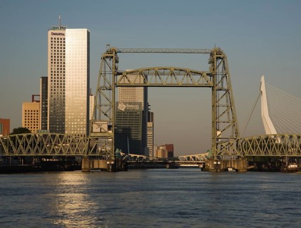 Early morning sunshine on the River Maas and de Hef railway bridge, Koningshaven, Rotterdam,