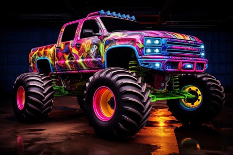 Monster truck illuminated by neon lights, excitement and thrill of an extreme sport and