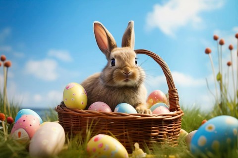 Cute Easter bunny sits beside a basket filled with colorful, decorated eggs amidst a vibrant green