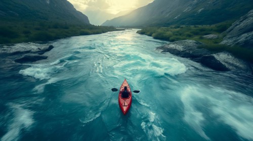 Aerial view of A kayaker paddling the rapids of a beautiful mountain river. generative AI, AI