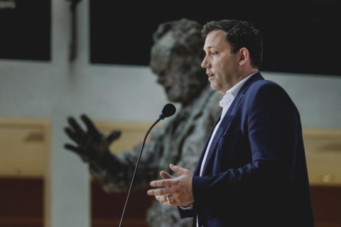Lars Klingbeil, SPD party chairman, speaks to the press at the kick-off meeting of the SPD party