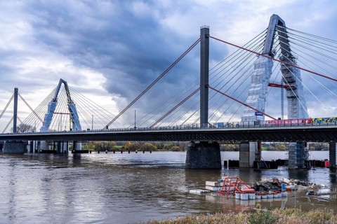 New construction of the A1 motorway bridge over the Rhine near Leverkusen, after completion of the