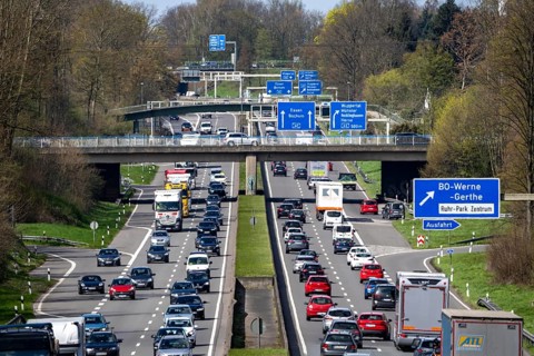 Motorway A40, Ruhrschnellweg, near Bochum, dense traffic, in front of the motorway junction Bochum,
