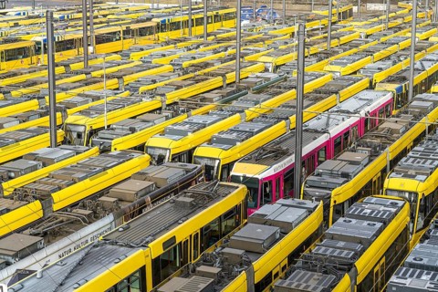 Warning strikes in local public transport, Ruhrbahn trams at the depot, VERDI union members on