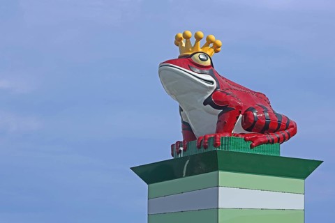 Landmark and emblem of the company Werner & Mertz Erdal, sculpture, frog figure with golden crown,