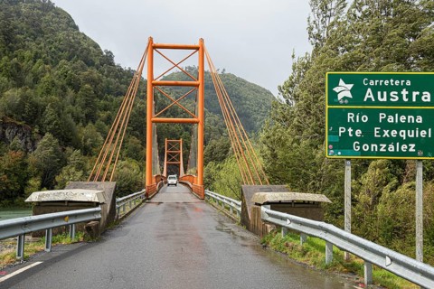 Suspension bridge Puente Exequiel Gonzalez over river Rio Palena, Carretera Austral, Patagonia,