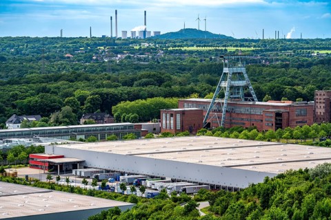 Truck, lorry, logistics company, logistics centre on the former Ewald colliery site in Herne, North