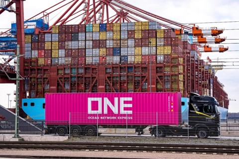 Port of Hamburg, Waltershofer Hafen, container ships, lorries bring and collect freight containers