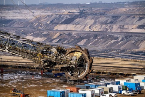 Garzweiler opencast lignite mine, bucket wheel excavator undergoing maintenance and repair, near