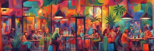 Abstract composition of a cannabis cafe with ambiance bold contrasting colors and playful shapes,