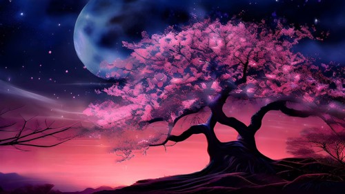 Sakura tree blossoming with pink petals and branches reaching towards a star studded night sky, AI