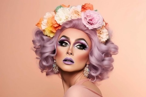 Drag queen with purple hair with flowers. KI generiert, generiert AI generated