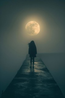 Silhouette of a lonely, sad woman on a concrete footbridge on a foggy full moon night, symbolic