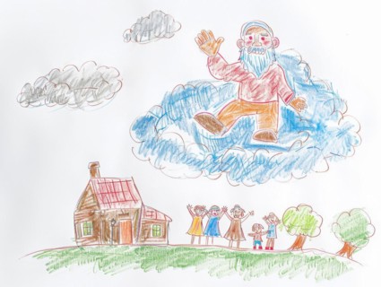 Grandpa, grandfather, has died and is waving down from the sky sitting on a cloud, drawing,
