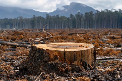 Tree stump empty landscape and forest in background. Deforestation concept. KI generiert,