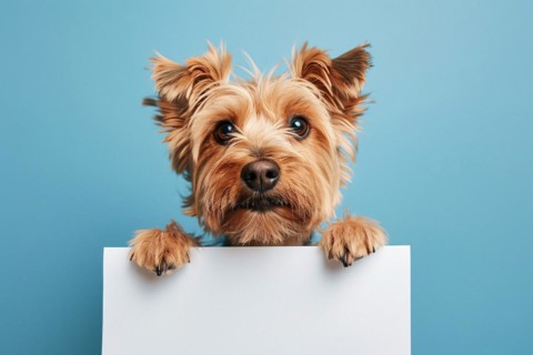 Dog holding empty sign in front of blue studio background. KI generiert, generiert, AI generated