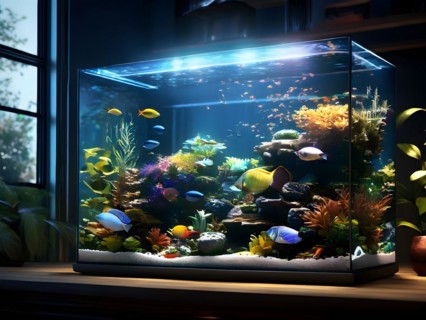 Large vibrant aquarium centerpiece in a cozy living room, AI generated