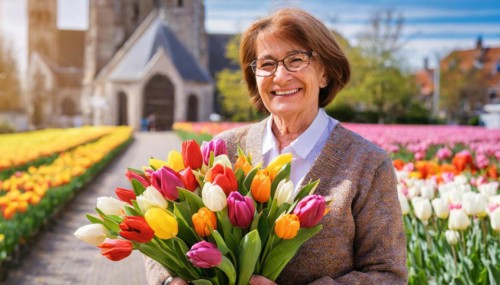 A smiling middle-aged woman with a bouquet of tulips in front of a church in the background,