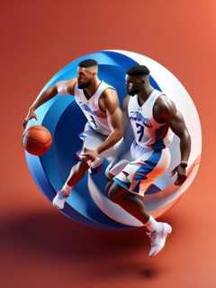 Abstract digital render of olympic basketball players morphing into fluid shapes of french tricolor