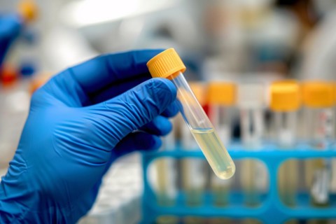 Scientist's hand holding test tube with liquid in research lab. KI generiert, generiert, AI