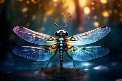 AI generated wildlife image of a dragon fly in a mystic lake enhanced with digital art