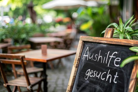 Chalkboard with German text 'Aushilfe gesucht' (hiring staff) at restaurant. Generative AI, AI