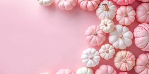 Banner with pink and white pumpkins on side of pastel pink background with copy space. Generative