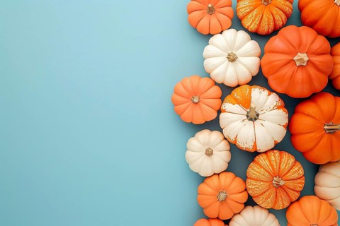 Top view of range and white pumpkins on pastel blue background with copy space. Generative Ai, AI