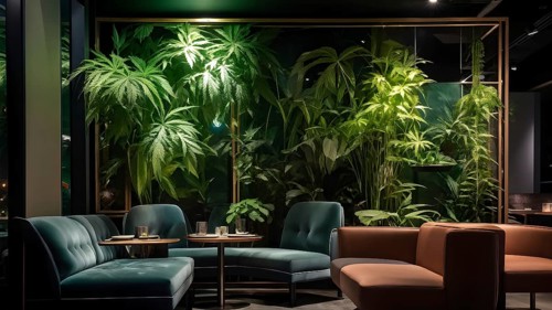 Stylish empty cannabis cafe interior in cozy modern design, AI generated