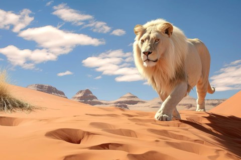 Male Lion walking over sand dunes, Africa, AI generated