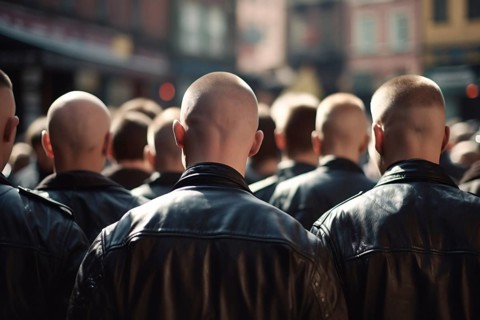 Back view of neo nazis with bald heads and leather jackets in street. AI generated